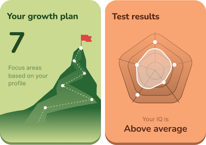 Growth plan and IQ test result cards in the Brightmind Pro app